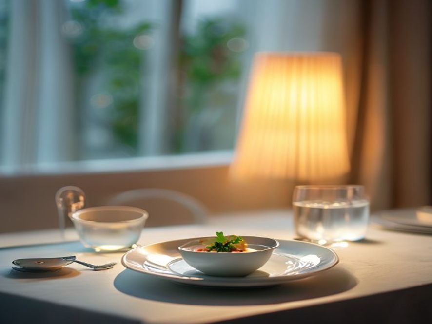 Medveten matning i praktiken En lugn person äter en måltid vid ett bord med naturligt ljus