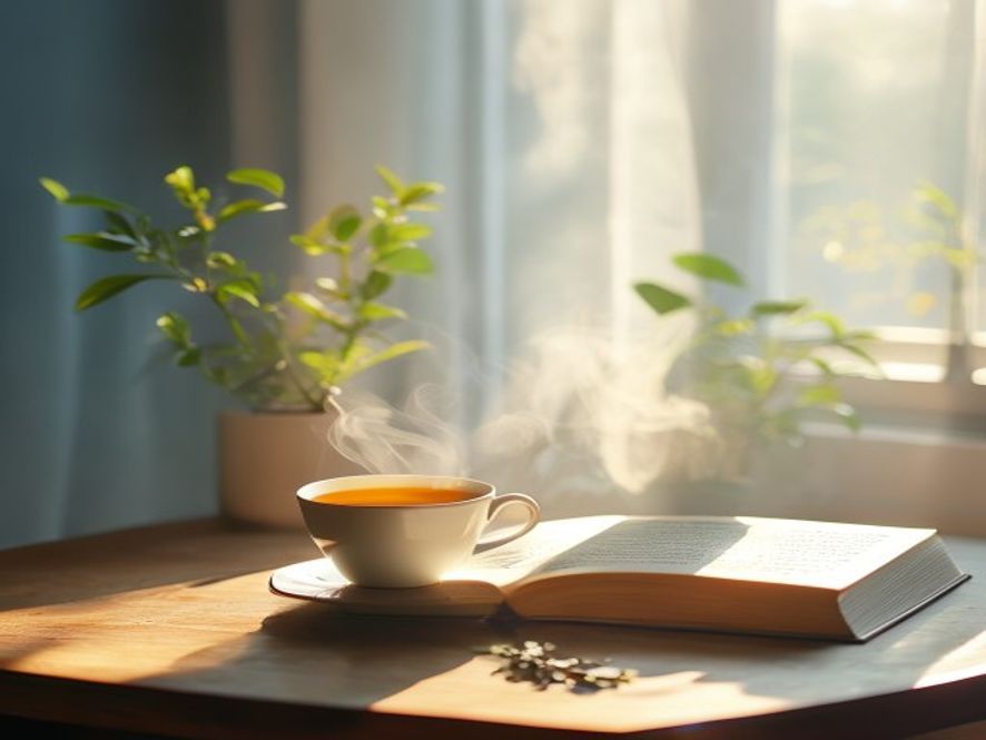 Morgonritual En kopp te och anteckningsbok på ett träbord med mjukt morgonljus